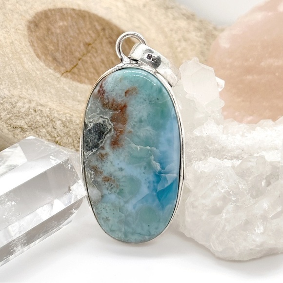 Healing Stones And Crystals Jewelry - HUGE Larimar Natural Silver Healing Gemstone Crystal Necklace